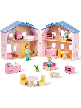 Charming Pink Wooden Dollhouse for Girls with Dolls & Furniture Set - Perfect